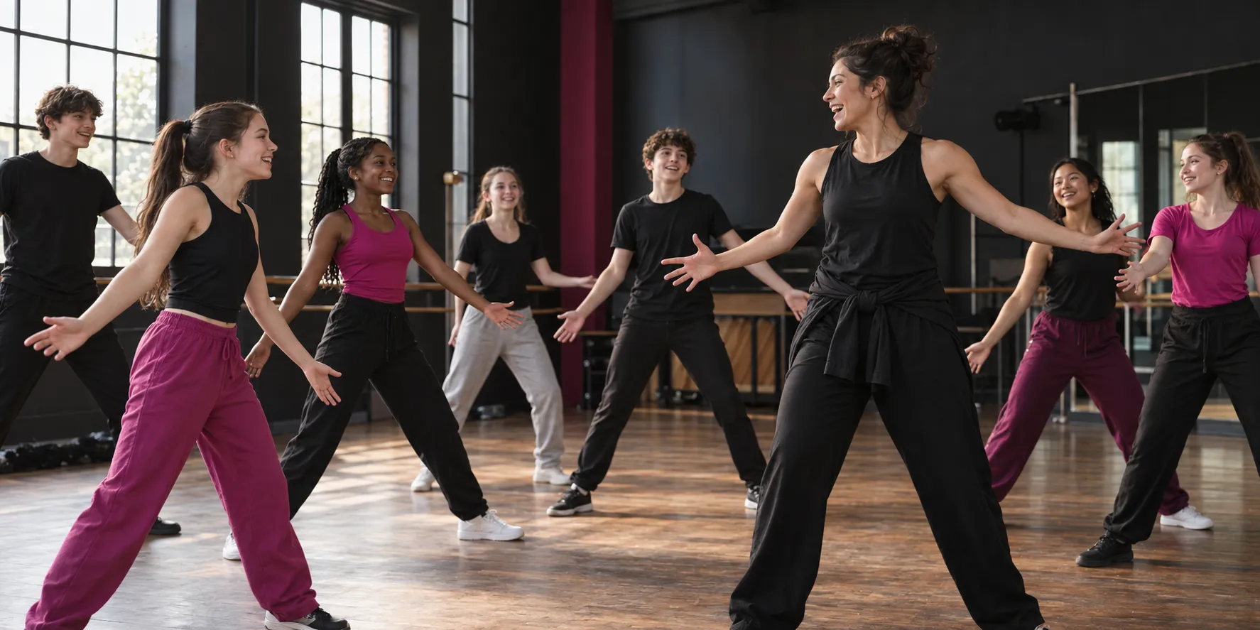 Performing arts instructor teaching a class of students
